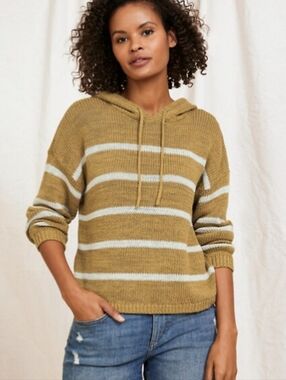 Garnet Hill Easy Linen Organic Cotton Beach Striped Hooded Knit Sweater Mustard
